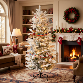Sunvega Pencil Artificial Xmas Tree with Faux Snow Flocked Full Branch Tips Flame-retardant