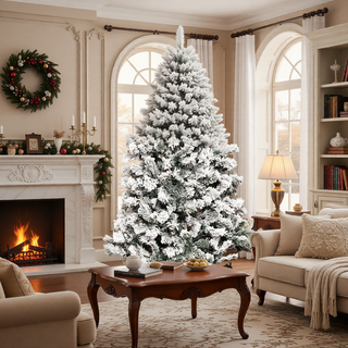 Sunvega Pencil Artificial Xmas Tree with Faux Snow Flocked Full Branch Tips Flame-retardant