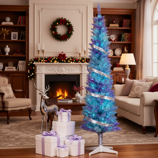 Sunvega Pencil Artificial Xmas Tree with Faux Snow Flocked Full Branch Tips Flame-retardant