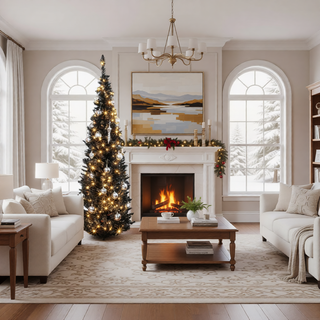 Sunvega Pencil Artificial Xmas Tree with Faux Snow Flocked Full Branch Tips Flame-retardant