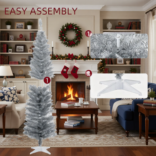 Sunvega Pencil Artificial Xmas Tree with Faux Snow Flocked Full Branch Tips Flame-retardant
