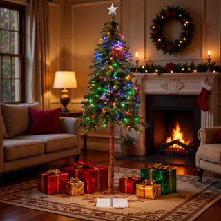 Sunvega Pencil Artificial Xmas Tree with Faux Snow Flocked Full Branch Tips Flame-retardant