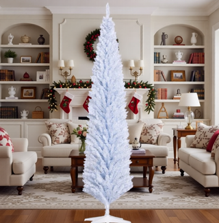 Sunvega Pencil Artificial Xmas Tree with Faux Snow Flocked Full Branch Tips Flame-retardant