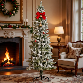Sunvega Pencil Artificial Xmas Tree with Faux Snow Flocked Full Branch Tips Flame-retardant