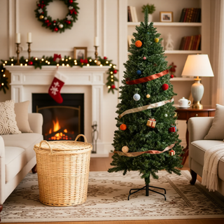 Sunvega Pencil Artificial Xmas Tree with Faux Snow Flocked Full Branch Tips Flame-retardant