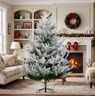Sunvega Pencil Artificial Xmas Tree with Faux Snow Flocked Full Branch Tips Flame-retardant