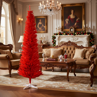 Sunvega Pencil Artificial Xmas Tree with Faux Snow Flocked Full Branch Tips Flame-retardant