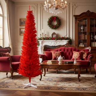 Sunvega Pencil Artificial Xmas Tree with Faux Snow Flocked Full Branch Tips Flame-retardant