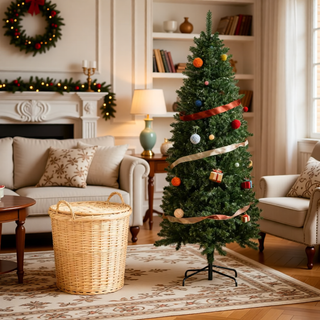 Sunvega Pencil Artificial Xmas Tree with Faux Snow Flocked Full Branch Tips Flame-retardant