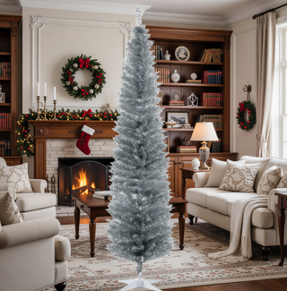 Sunvega Pencil Artificial Xmas Tree with Faux Snow Flocked Full Branch Tips Flame-retardant