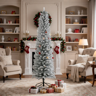Sunvega Pencil Artificial Xmas Tree with Faux Snow Flocked Full Branch Tips Flame-retardant