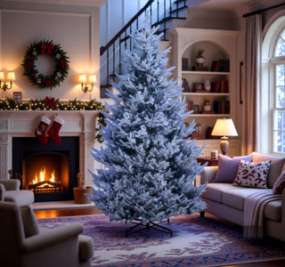 Sunvega Pencil Artificial Xmas Tree with Faux Snow Flocked Full Branch Tips Flame-retardant