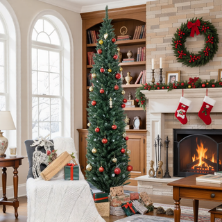 Sunvega Pencil Artificial Xmas Tree with Faux Snow Flocked Full Branch Tips Flame-retardant