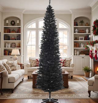Sunvega Pencil Artificial Xmas Tree with Faux Snow Flocked Full Branch Tips Flame-retardant