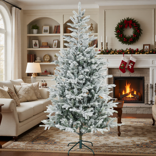 Sunvega Pencil Artificial Xmas Tree with Faux Snow Flocked Full Branch Tips Flame-retardant