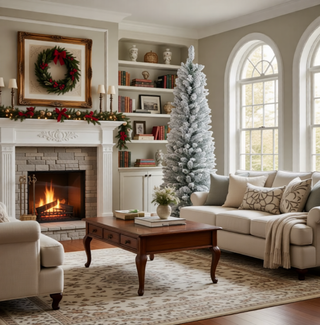 Sunvega Pencil Artificial Xmas Tree with Faux Snow Flocked Full Branch Tips Flame-retardant