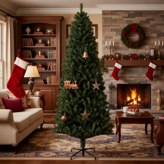 Sunvega Pencil Artificial Xmas Tree with Faux Snow Flocked Full Branch Tips Flame-retardant