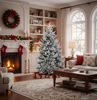 Sunvega Pencil Artificial Xmas Tree with Faux Snow Flocked Full Branch Tips Flame-retardant