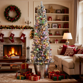 Sunvega Pencil Artificial Xmas Tree with Faux Snow Flocked Full Branch Tips Flame-retardant