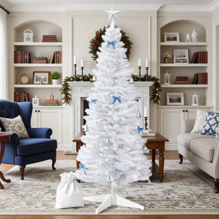 Sunvega Pencil Artificial Xmas Tree with Faux Snow Flocked Full Branch Tips Flame-retardant
