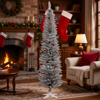 Sunvega Pencil Artificial Xmas Tree with Faux Snow Flocked Full Branch Tips Flame-retardant