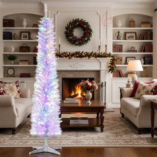 Sunvega Pencil Artificial Xmas Tree with Faux Snow Flocked Full Branch Tips Flame-retardant