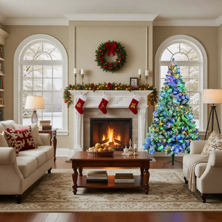 Sunvega Pencil Artificial Xmas Tree with Faux Snow Flocked Full Branch Tips Flame-retardant