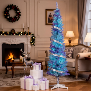 Sunvega Pencil Artificial Xmas Tree with Faux Snow Flocked Full Branch Tips Flame-retardant