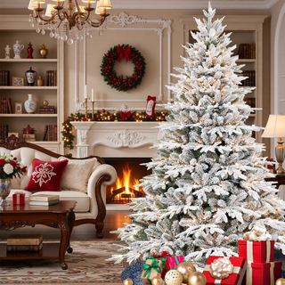 Sunvega 5ft Pre-Lit Flocked Artificial Christmas Tree with 300 Warm White Lights