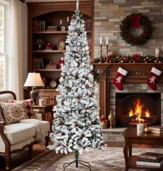 Sunvega Pencil Artificial Xmas Tree with Faux Snow Flocked Full Branch Tips Flame-retardant
