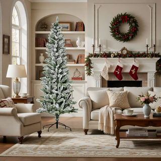 Sunvega Pencil Artificial Xmas Tree with Faux Snow Flocked Full Branch Tips Flame-retardant