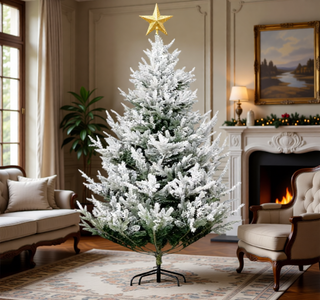 Sunvega Pencil Artificial Xmas Tree with Faux Snow Flocked Full Branch Tips Flame-retardant