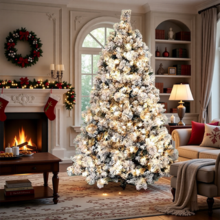 Sunvega Pencil Artificial Xmas Tree with Faux Snow Flocked Full Branch Tips Flame-retardant