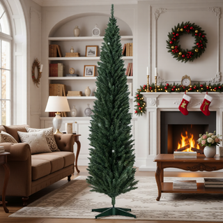 Sunvega Pencil Artificial Xmas Tree with Faux Snow Flocked Full Branch Tips Flame-retardant