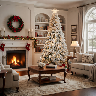 Sunvega Pencil Artificial Xmas Tree with Faux Snow Flocked Full Branch Tips Flame-retardant