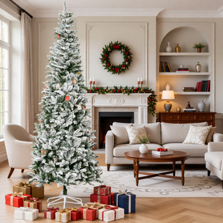 Sunvega Pencil Artificial Xmas Tree with Faux Snow Flocked Full Branch Tips Flame-retardant