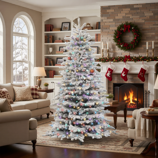 Sunvega Pencil Artificial Xmas Tree with Faux Snow Flocked Full Branch Tips Flame-retardant