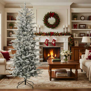 Sunvega Pencil Artificial Xmas Tree with Faux Snow Flocked Full Branch Tips Flame-retardant