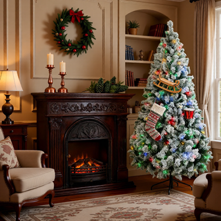 Sunvega Pencil Artificial Xmas Tree with Faux Snow Flocked Full Branch Tips Flame-retardant