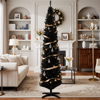 Sunvega Pencil Artificial Xmas Tree with Faux Snow Flocked Full Branch Tips Flame-retardant
