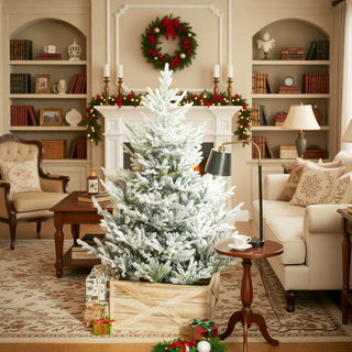 Sunvega Pencil Artificial Xmas Tree with Faux Snow Flocked Full Branch Tips Flame-retardant