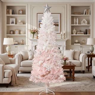 Sunvega Pencil Artificial Xmas Tree with Faux Snow Flocked Full Branch Tips Flame-retardant
