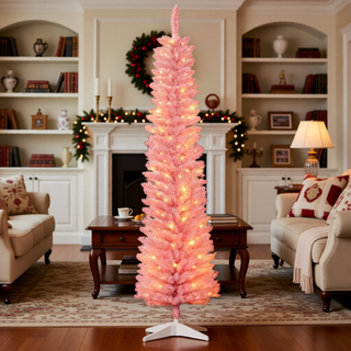 Sunvega Pencil Artificial Xmas Tree with Faux Snow Flocked Full Branch Tips Flame-retardant