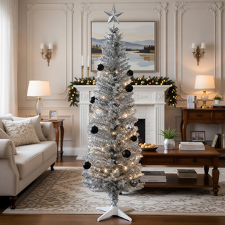 Sunvega Pencil Artificial Xmas Tree with Faux Snow Flocked Full Branch Tips Flame-retardant