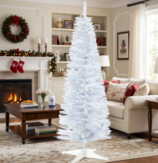 Sunvega Pencil Artificial Xmas Tree with Faux Snow Flocked Full Branch Tips Flame-retardant