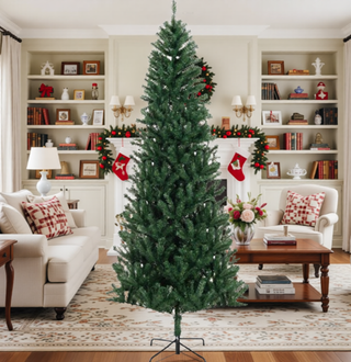 Sunvega Pencil Artificial Xmas Tree with Faux Snow Flocked Full Branch Tips Flame-retardant
