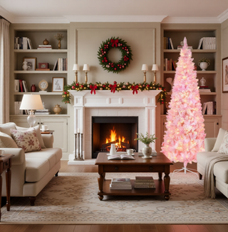 Sunvega Pencil Artificial Xmas Tree with Faux Snow Flocked Full Branch Tips Flame-retardant