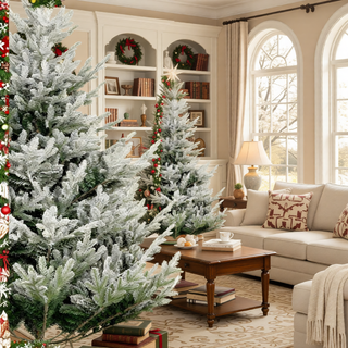Sunvega Pencil Artificial Xmas Tree with Faux Snow Flocked Full Branch Tips Flame-retardant