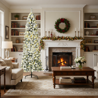 Sunvega Pencil Artificial Xmas Tree with Faux Snow Flocked Full Branch Tips Flame-retardant