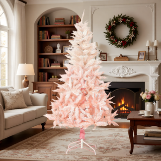Sunvega Pencil Artificial Xmas Tree with Faux Snow Flocked Full Branch Tips Flame-retardant